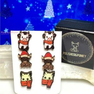 Christmas Earrings Cow Bull Cat earrings Wood Stud Christmas earrings in box